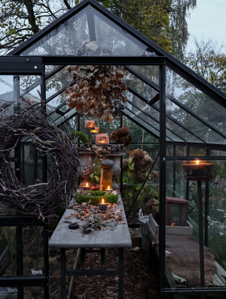 Een tuinkas gehuld in herfstsfeer